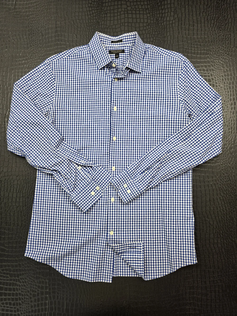 Banana Republic Grant Fit 120s Supima Cotton Dress Shirt Blue White Gingham Chec